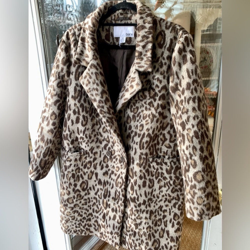Leopard Print Pea Coat grey animal print Sz XL faux fur